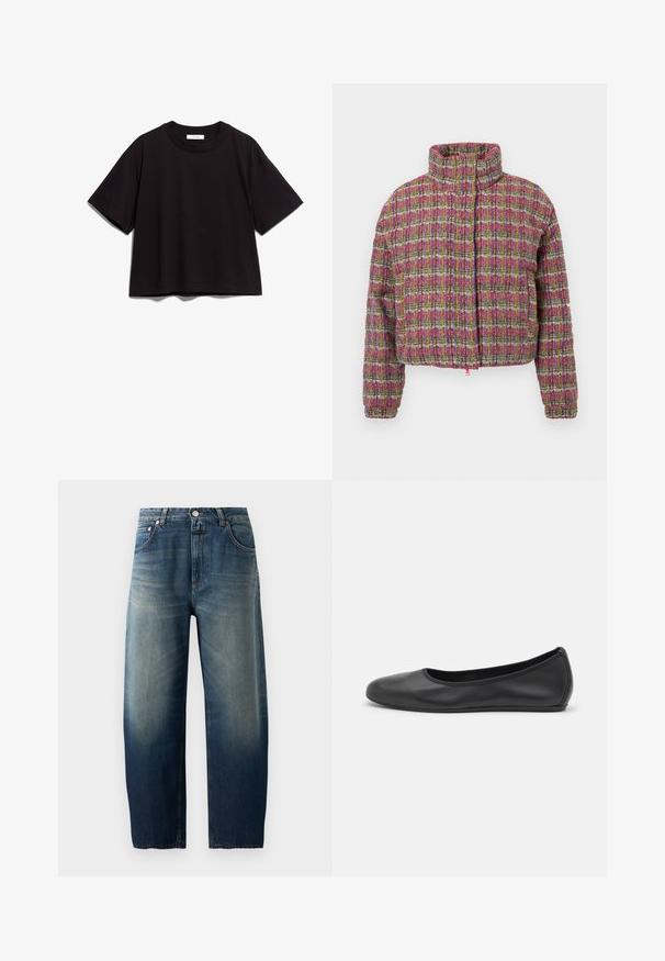 Polstret, cropped jakke med høj krave. Fremstillet af multicolor vævet stof i ternet mønster. Har elastiske manchetter og en lyserød lynlås.; Sort bomulds t-shirt med rund halsudskæring og korte ærmer. Har en afslappet pasform og et enkelt, uprydet design.; Blå denim jeans med lige ben, falmet vask, knaplukning foran og fem lommer.; Sort læderballetsko med rund tå, glat tekstur, minimal syning og et fleksibelt såldesign.