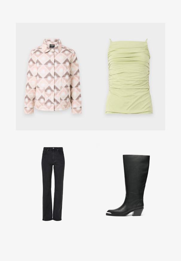 Steppjacke mit einem geometrischen Muster in Pink, Beige und Braun. Sie verfügt über einen Kragen, eine Knopfleiste und zwei Fronttaschen.; Raffiniertes, hellgrünes Tanktop mit dünnen Trägern. Hergestellt aus weichem, elastischem Stoff. Verfügt über eine figurbetonte Silhouette und ein strukturiertes Design.; Schwarze gerade Jeans, hochgeschnitten, aus Denim, mit einem vorderen Knopfverschluss und einem Fünf-Taschen-Design mit subtilen Nähdetails.; Hohe schwarze Lederstiefel mit geschlossener Zehe und Ausschnittdesign. Sie haben einen klobigen Absatz und eine glatte Textur. Auffällige seitliche Paneeldetails.