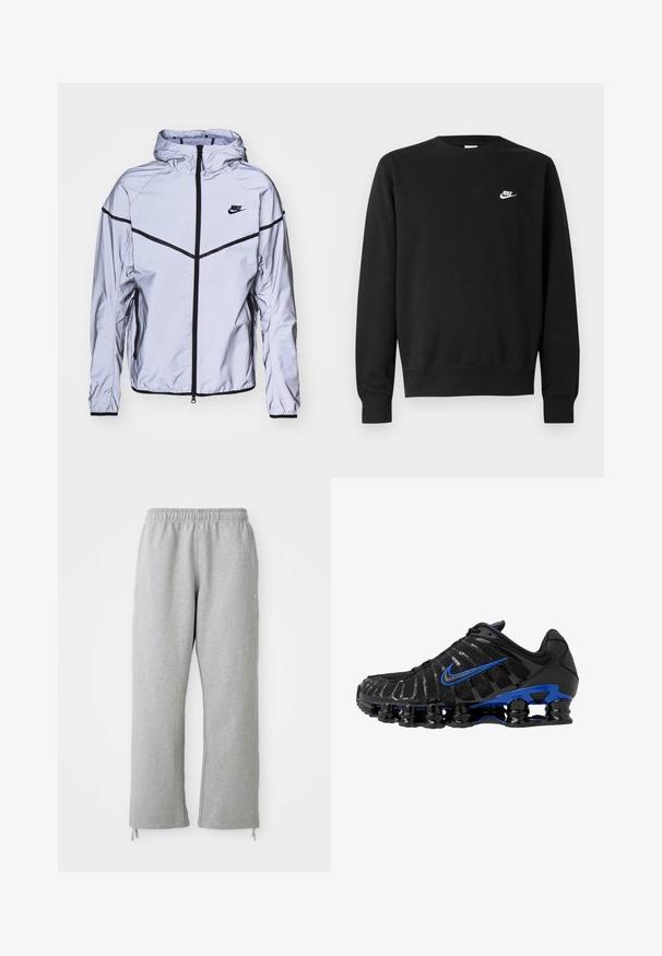 Nike Sportswear Leichte Jacke - reflect silver; Schwarzer Sweatshirt aus Baumwolle mit rundem Ausschnitt, langen Ärmeln und einem kleinen weißen Nike-Logo auf der oberen linken Brust.; Graue Sweatpants mit einem elastischen Bund, geraden Beinen und Kordelzug-Akzenten am Saum. Hergestellt aus weichem, strukturierter Stoff.; Schwarzer Sportschuh mit Obermaterial aus Mesh und glänzenden Akzenten. Verfügt über einen blauen Swoosh, einen gepolsterten Kragen und eine auffällige schwarze Gummisohle mit sichtbarem Dämpfungselement.