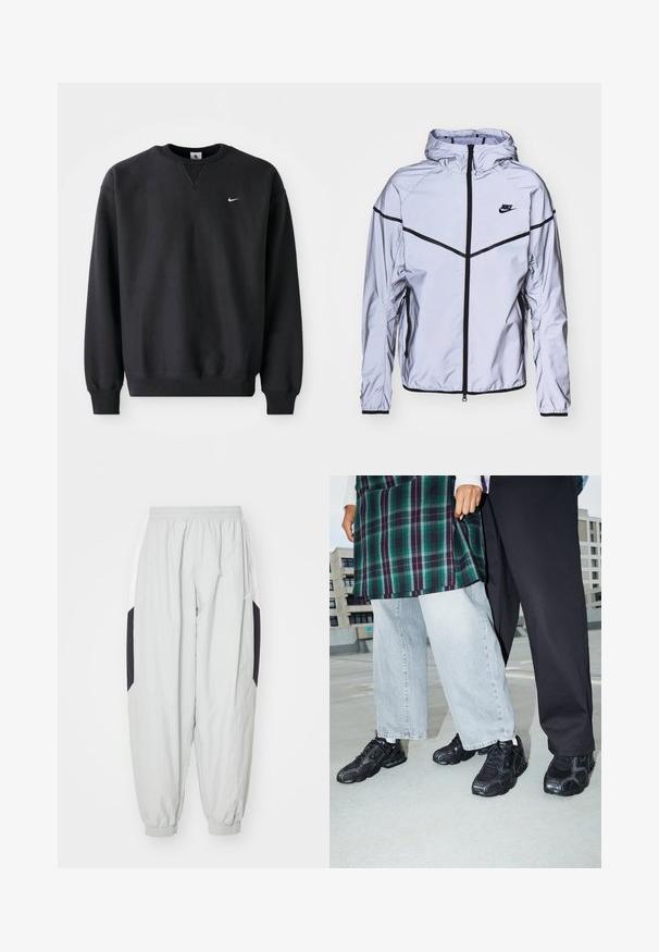 Nike Sportswear Let jakke / Sommerjakker - reflect silver; Sort Nike sweatshirt med rund halsudskæring og lange ærmer, med det ikoniske swoosh-logo i hvidt på brystet.; Lys grå træningsbukser lavet af letvægtsstof, med elastisk talje og manchetter, samt kontrasterende sorte og hvide sidelapper.; Sorte atletik sko med mesh- og gummidetaljer. Båret med lysegrå vide jeans og en ternet grøn bluse. Flad overflade i baggrunden.