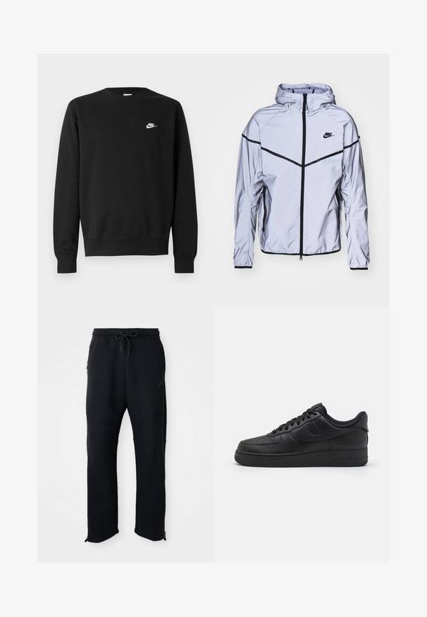 Nike Sportswear Kevyt takki - reflect silver; Musta puuvillainen collegepaita, jossa on pyöreä kaula-aukko, pitkät hihat ja pieni valkoinen Nike-logo vasemman rinnan yläosassa.; Mustat urheiluhaalari, jossa on elastinen vyötärö ja kiristysnauha. Sivutaskut, kapenevat lahkeet ja vetoketjut nilkoissa. Sujuva pinta.; Nike Sportswear AIR FORCE 1 07 FLYEASE - Matalavartiset tennarit - black