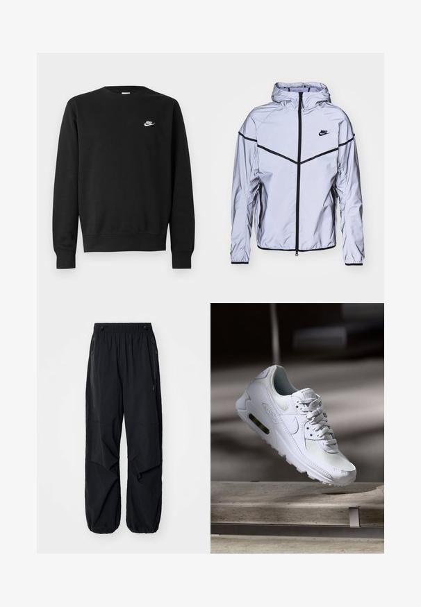 Nike Sportswear Chaqueta fina - reflect silver; Sudadera negra de algodón, con cuello redondo, mangas largas y un pequeño logo blanco de Nike en el pecho superior izquierdo.; Pantalones cargo ligeros negros con cinturilla elástica, cremalleras laterales y bolsillos amplios. Presentan un corte holgado y puños ajustados.; Zapatilla Nike Air Max 90 blanca con parte superior de malla y cuero, caja de puntera perforada y unidad de aire visible en el talón.
