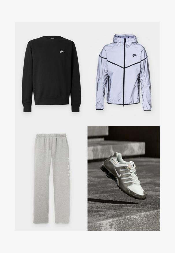 Nike Sportswear Chaqueta fina - reflect silver; Sudadera negra de algodón, con cuello redondo, mangas largas y un pequeño logo blanco de Nike en el pecho superior izquierdo.; Pantalones deportivos grises hechos de un material suave con una cintura elástica. Presentan un texto blanco "JUST DO IT" y el logo de Nike swoosh en una pierna.; Zapatilla Nike Shox blanca y gris con suela negra flotando sobre escalones de hormigón con luz natural suave.