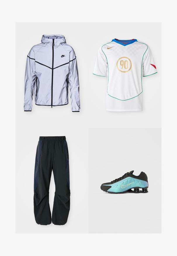 Nike Sportswear Kevyt takki - reflect silver; Valkoinen jalkapallopaita, jossa on vihreä reunus, kultainen ympyräinen '90' logo, sininen kaulus ja punainen yksityiskohta vasemmassa hihassa. Ruudullinen kuvio.; Mustat ulkoiluhousut, joissa on rento malli, joustava vyötärö, tummansiniset sivupaneelit ja vetoketjulliset taskut molemmilla puolilla.; Musta lenkkikenkä, jossa on liukuvärjätty turkoosi kuvio, kullanvärinen logo, teksturoitu pinta ja erottuva pehmustus pohjassa.