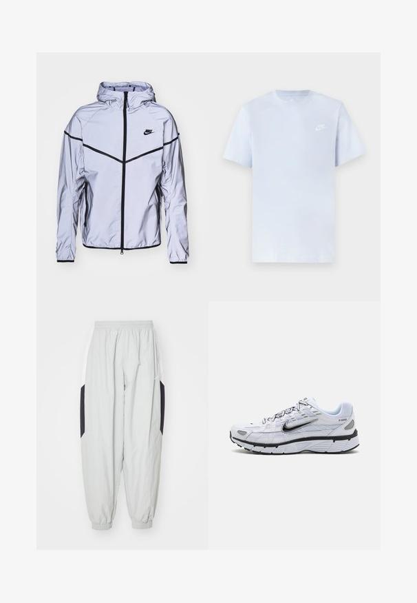 Nike Sportswear Veste légère - reflect silver; T-shirt en coton bleu clair avec des manches courtes, col rond, et un logo Nike blanc imprimé sur la poitrine gauche. Texture lisse, design simple.; Pantalons de jogging gris clair en tissu léger, avec taille élastique et poignets, dotés de panneaux latéraux contrastants noir et blanc.; Baskets de course blanches avec une tige en mesh, bout arrondi, accents noirs et semelle à motif. Comprend des lacets et une marque sur le côté.