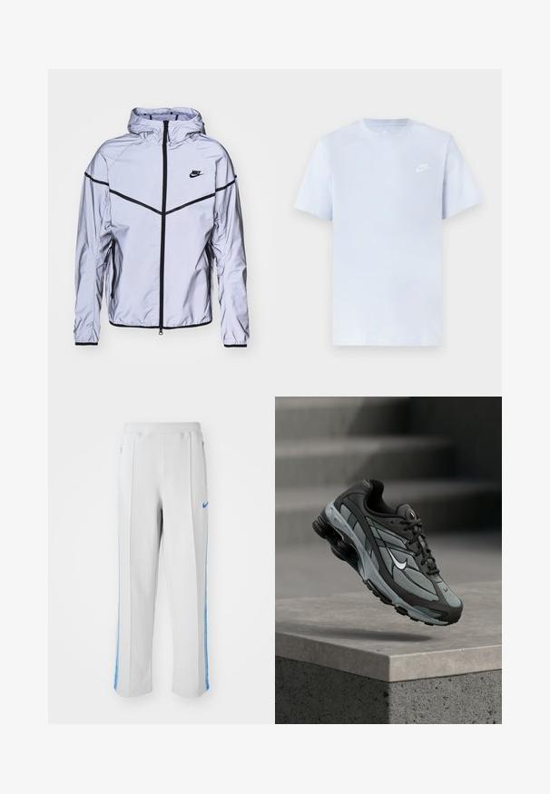 Nike Sportswear Kevyt takki - reflect silver; Vaaleansininen puuvillainen t-paita lyhyillä hihoilla, pyöreä kaula-aukko ja valkoinen Nike-logo vasemmassa rinnassa. Suora pinta, yksinkertainen muotoilu.; Vaaleanharmaat urheiluhousut, joissa on siniset sivujuovat. Rento malli, elastinen vyötärö ja vetoketjulliset taskut. Nike-logo edessä.; Harmaa ja musta urheilukenkä, jossa on verkkopaneelit ja paksu pohja, ilmassa betonisen reunuksen ja portaitten yläpuolella taustalla.