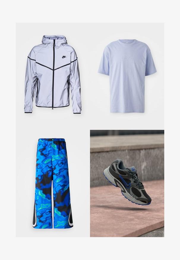 Nike Sportswear Leichte Jacke - reflect silver; Hellblaues Baumwoll-T-Shirt mit Rundhalsausschnitt und kurzen Ärmeln. Mit einem geprägten "Nike"-Logo auf der Vorderseite in der Mitte. Weicher Stoff.; Blaue und schwarze, abstrakt gemusterte, weit geschnittene Hose mit elastischem Bund und seitlichen Reißverschlusstaschen auf einem einfarbigen Hintergrund.; Grauer und schwarzer Nike Laufschuh mit blauen Akzenten, der über Steinstufen im Freien schwebt.