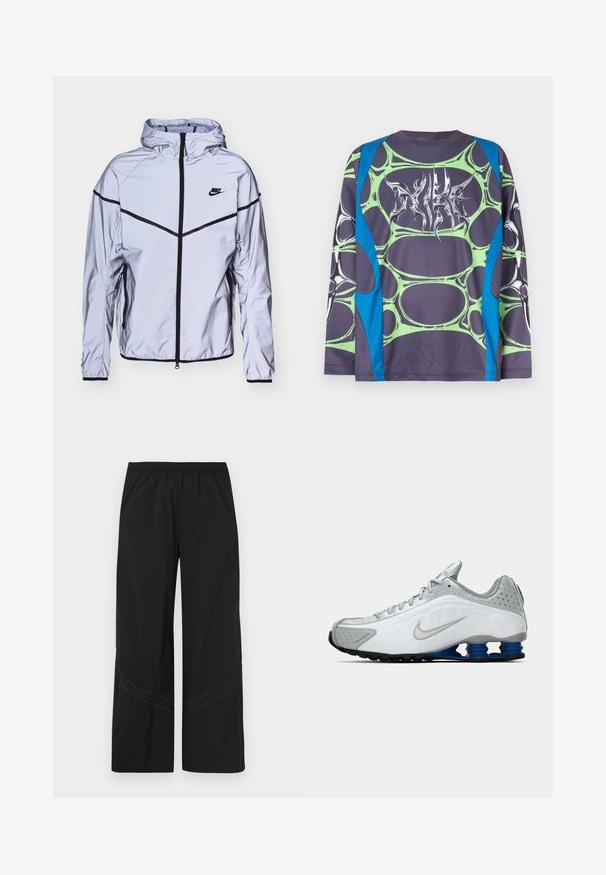 Nike Sportswear Chaqueta fina - reflect silver; Camisa de manga larga hecha de tela suave, con base gris oscuro, patrones verdes tipo burbuja y acentos azules. En el frente tiene un gráfico estilizado en blanco.; Pantalones negros de pierna ancha hechos de tela ligera con una cintura elástica y un detalle sutil de costura curva en el dobladillo.; Zapatilla de running Nike en blanco y gris con el swoosh plateado, unidades de suela azul en forma de resorte y banda de rodadura negra sobre un fondo liso.
