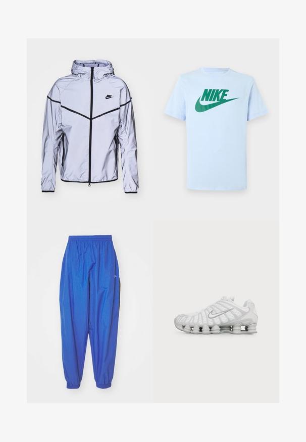 Nike Sportswear Kevyt takki - reflect silver; Vaaleansininen lyhythihainen t-paita, jossa vihreä Nike-logo ja swoosh rintakehän keskellä, esillä yksinkertaisella taustalla.; Siniset urheiluhousut, jotka on valmistettu kevyestä kankaasta. Housuissa on joustava vyötärö, lahkeet käännetty ja valkoiset sivuraidat.; Valkoinen Nike-tennari, jossa on erottuva aaltoileva muotoilu ja kevyt vaimennus pohjassa, sivulta katsottuna yksivärisellä taustalla.