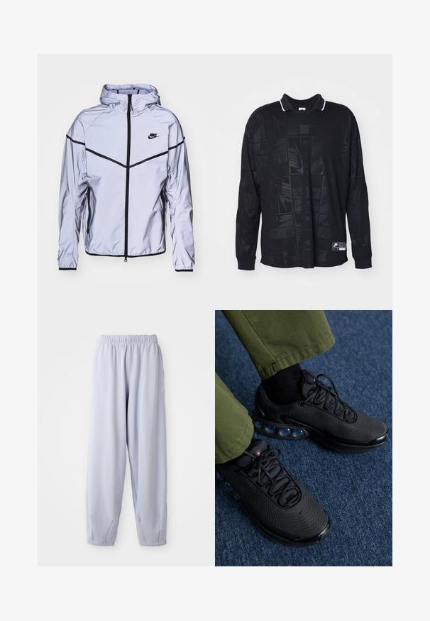 Nike Sportswear Let jakke / Sommerjakker - reflect silver; Langærmet sort polo t-shirt med et tekstureret mønster, kontrastfarvet hvid krave og Nike-logo på nederste venstre side.; Lyse lavendel joggers lavet af blød stof med elastisk talje og samlede ankler. Har subtil branding på siden.; Sorte sportssko med mesh-overdel, tekstureret overflade og synlige luftpolstringselementer. Kombineret med olivengrønne bukser og sorte sokker.