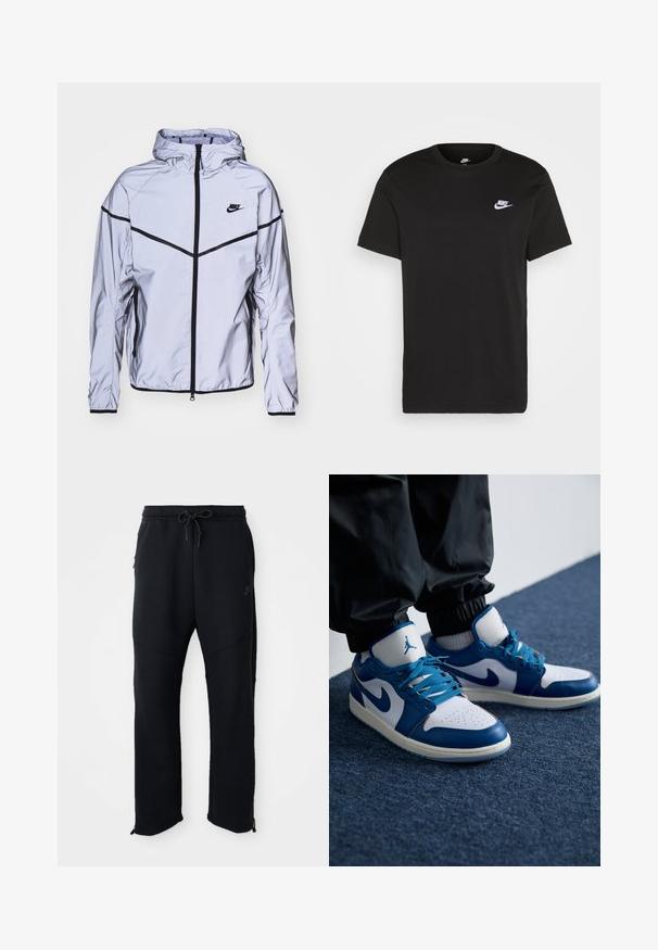 Nike Sportswear Let jakke / Sommerjakker - reflect silver; Sort bomuld T-shirt med korte ærmer, rund hals og et lille hvidt Nike-logo på den øverste venstre bryst. Glat tekstur. Klassisk pasform.; Sorte træningsbukser med elastisk linning og snoretræk, har sidelommer, smalle ben og lynlåse ved anklerne. Glat tekstur.; Nike Air Jordan sneakers har en hvid læderbase med blå syntetiske detaljer, en perforeret tåboks og blå snørebånd.