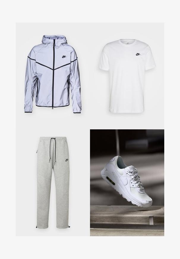 Nike Sportswear Leichte Jacke - reflect silver; Weißes Baumwoll-T-Shirt mit Rundhalsausschnitt, kurzen Ärmeln und einem schwarzen Nike-Logo auf der linken Brust. Einfaches, einfarbiges Design.; Graue Nike Sweatpants mit einem Kordelzugbund, Seitentaschen und elastischen Bündchen. Sie haben eine glatte Textur und ein kontrastierendes schwarzes Logodetail.; Weiße Nike Air Max 90 Sneaker mit einem Obermaterial aus Mesh und Leder, durchlässigem Zehenbereich und einer sichtbaren Air-Einheit in der Ferse.