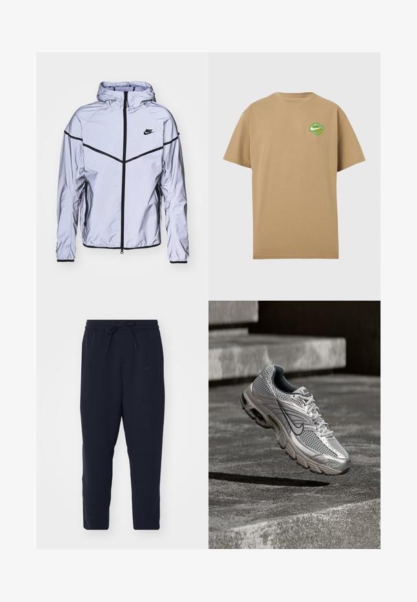 Nike Sportswear Let jakke / Sommerjakker - reflect silver; Beige T-shirt med korte ærmer og et lille grønt og hvidt rundt logo på venstre bryst med en swoosh og tekst.; Mørkeblå joggerbukser lavet af blødt stof, med elastisk talje og snor, tapered ben og sidelommer.; Sølv- og grå Nike-løbesko svævende i luften over betontrin, der viser detaljer af netmaterialet øverst og den polstrede sål.