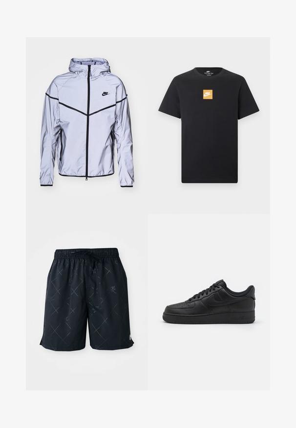 Nike Sportswear Chaqueta fina - reflect silver; Camiseta negra de manga corta Nike con un pequeño logo cuadrado naranja y el símbolo blanco de Nike centrado en el pecho.; Bañador negro con un patrón de diamantitos y el logo de Nike, fabricado con material ligero. Presenta una cintura elástica con cordón.; Nike Sportswear AIR FORCE 1 07 FLYEASE - Zapatillas - black