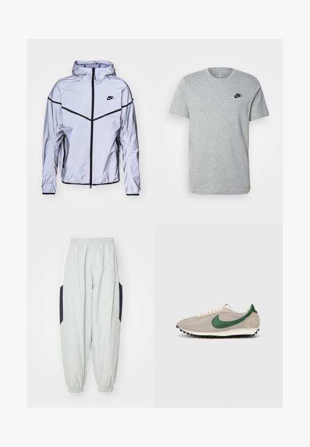 Nike Sportswear Lichte jas - reflect silver; Grijze T-shirt met korte mouwen van katoen, voorzien van een zwart Nike-logo op de borst en een ronde halslijn. Minimalistisch ontwerp zonder patronen.; Lichtgrijze joggingbroek van lichtgewicht stof, met een elastische tailleband en boorden, en contrasterende zwarte en witte zijpanelen.; Beige hardloopschoenen met groene suède accenten, een gestructureerde mesh bovenzijde, crèmekleurige veters en een zwarte rubberen zool met gripnoppen.