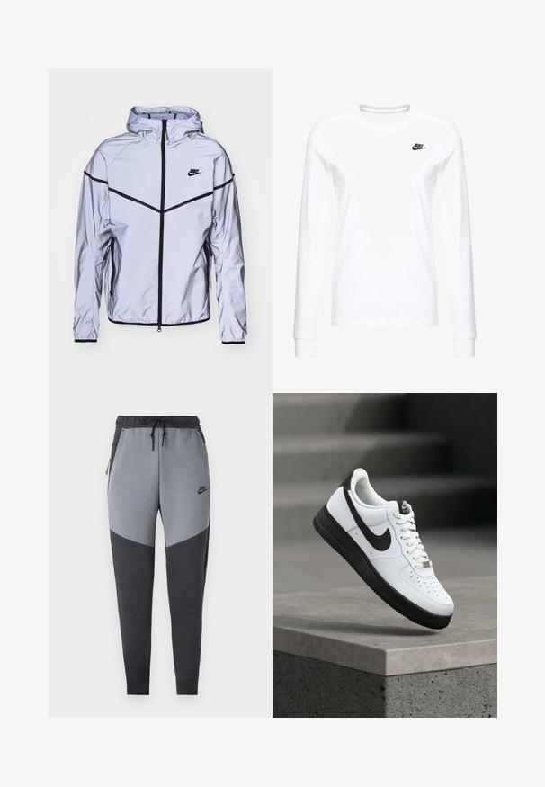 Nike Sportswear Kevyt takki - reflect silver; Valkoinen pitkähihainen T-paita, joka on valmistettu puuvillasta. Paitassa on pieni musta Nike-logo vasemmassa rinnassa ja pyöreä kaula-aukko. Pinta on sileä.; Nike-housut harmaana ja mustana, joissa on kolmion muotoinen värilohko design, joustava vyötärönyöri, ja sivutaskut.; Valkoinen nahkainen lenkkikenkä mustilla yksityiskohdilla, pyöreä varvas ja rei'itetty koristelu. Musta kumipohja, jossa on kuvioitu pinta ja nauhallinen kiinnitys.