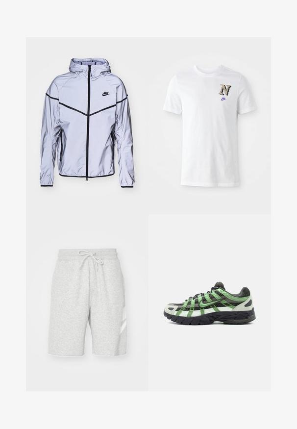 Nike Sportswear Chaqueta fina - reflect silver; Camiseta blanca de algodón con un logo "N" de patrón camuflaje y un pequeño swoosh morado de Nike en el pecho. Diseño clásico de cuello redondo.; Pantalones cortos de chándal gris para hombre, hechos de suave algodón, que cuentan con una cintura elástica con cordón, bolsillos laterales y un detalle de logo blanco.; Zapatilla de correr en blanco y negro con detalles verdes, parte superior de malla y suela gruesa negra, vista lateral sobre fondo blanco.