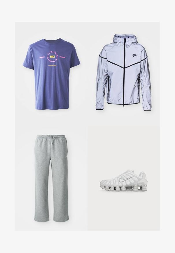 Nike Sportswear Lichte jas - reflect silver; Paarse katoenen T-shirt met korte mouwen met een gewaagd grafisch ontwerp. Bevat "Nike" in het geel binnen een roze draaikolk en tekstaccenten.; Grijze katoenen sweatpants met een elastische tailleband, trekkoordsluiting en rechte pijpen. Bevat een klein logo op de bovenste linkerkant.; Witte Nike hardloopschoen met zichtbare luchtdempende zool en zilveren swoosh-logo aan de zijkant, gezien vanaf de buitenkant.