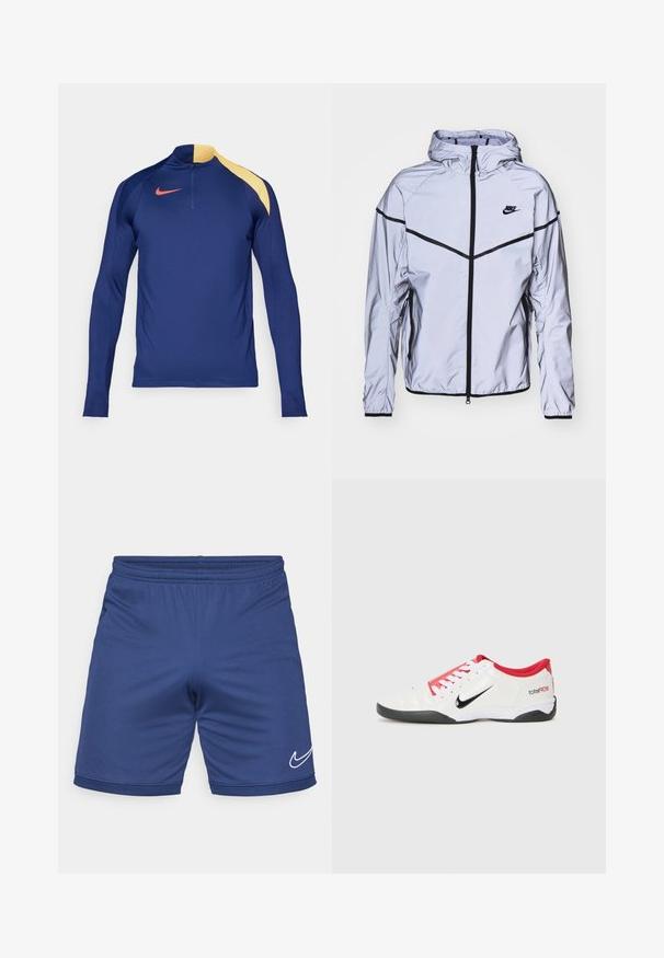 Nike Sportswear Kevyt takki - reflect silver; Tummansininen pitkähihainen urheilu-paitapusero, jossa on keltainen olka-akkentti, puolivetoketjukaulus ja punainen Nike-viuhka logo rinnassa.; Siniset urheilushortsit, jotka on valmistettu kevyestä materiaalista. Niissä on joustava vyötärö ja valkoinen Nike-swoosh-logo alemmassa sivussa.; Valkoiset urheilukengät punaisilla yksityiskohdilla, musta Swoosh-logo ja teksturoitu muotoilu. Varustettu valkoisilla nauhoilla ja mustalla pohjalla. Teksti lukee "total90."