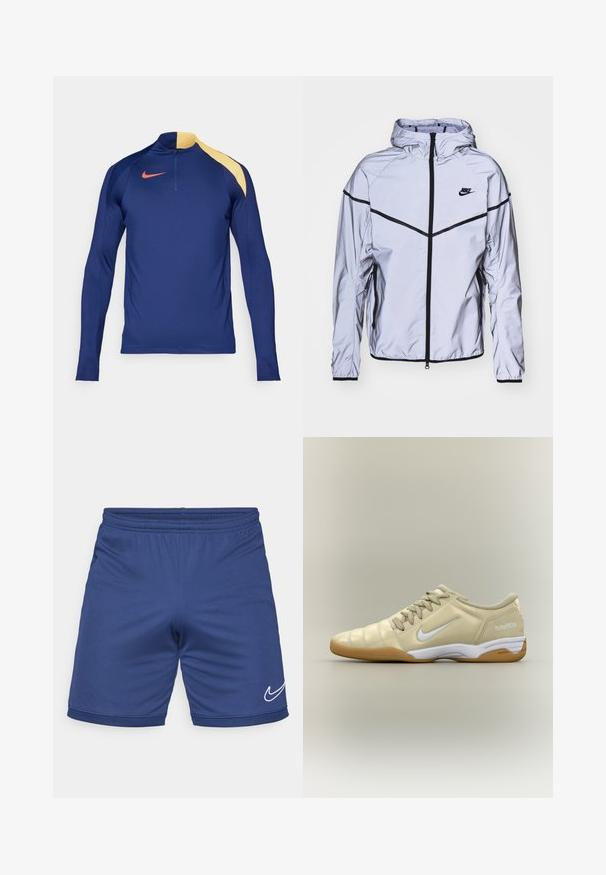 Nike Sportswear Chaqueta fina - reflect silver; Camiseta deportiva de manga larga en azul marino con un acento amarillo en el hombro, cuello con media cremallera y el logotipo de Nike en rojo en el pecho.; Pantalones cortos deportivos azules hechos de material ligero. Cuentan con una cintura elástica y el logotipo de Nike en blanco en el lado inferior.; Zapatilla de fútbol sala beige con el logo blanco de Nike Swoosh, suela de goma, cordones y texto "total90 III" en el talón, mostrada de lado.