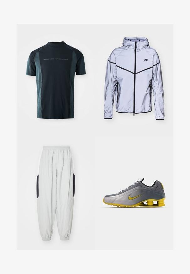 Nike Sportswear Chaqueta fina - reflect silver; Camiseta Nike Tech de manga corta, con un cuerpo en azul marino oscuro y paneles laterales en teal claro, y un cuello alto. Logo impreso en la parte delantera.; Pantalones de chándal ligeros en gris claro, fabricados con material ligero, con cintura y puños elásticos, y paneles laterales en negro y blanco contrastantes.; Nike Sportswear SHOX R4 SE UNISEX - Zapatillas - vast grey/bright citron/light graphite/smoke grey/white/black