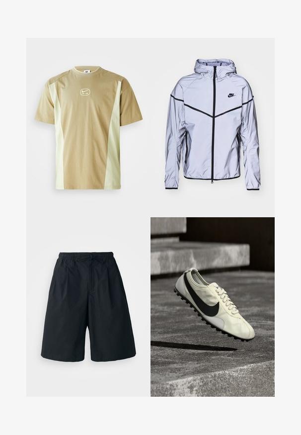 Nike Sportswear Chaqueta fina - reflect silver; Camiseta de manga corta en beige y verde claro, con un cuello redondo y un logo de Nike Air central. Tejido suave con una textura lisa.; Pantalones cortos negros con cintura elástica y cordón ajustable. Hechos de una tela suave, con un corte holgado y sin patrones visibles.; Zapatilla blanca Nike con logo Swoosh negro, cordones y suela de goma con tracción, mostrada en el aire sobre unas escaleras de hormigón.