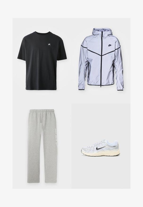 Nike Sportswear Lichte jas - reflect silver; Zwarte katoenen T-shirt met korte mouwen, ronde hals, met een klein rechthoekig logo met "NIKE AIR" in het wit op de linkerborst.; Grijze sweatpants van zacht materiaal met een elastische tailleband. Voorzien van witte tekst "JUST DO IT" en het Nike swoosh-logo op één been.; Witte mesh sneakers met zilveren accenten, zwarte Nike swoosh, gevoerde kraag en een gestructureerde zool. Bevat een gelaagd ontwerp voor stabiliteit.