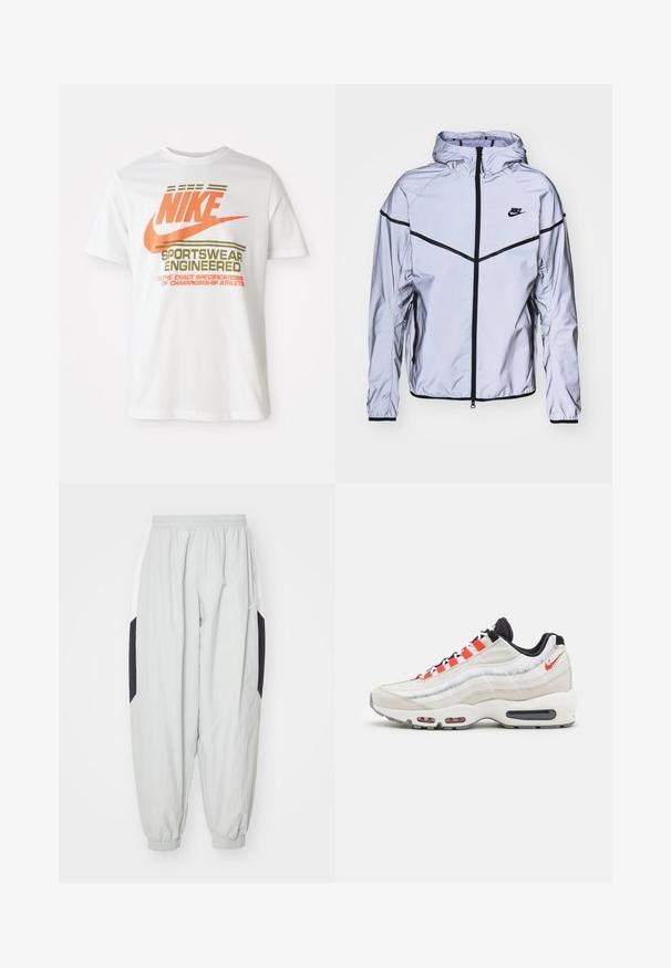 Nike Sportswear Chaqueta fina - reflect silver; Camiseta de algodón blanca con un gran logo naranja de "NIKE" y texto verde que dice "SPORTSWEAR ENGINEERED" junto con especificaciones adicionales.; Pantalones de chándal ligeros en gris claro, fabricados con material ligero, con cintura y puños elásticos, y paneles laterales en negro y blanco contrastantes.; Nike Sportswear AIR MAX 95 XCAT NN - Zapatillas - light bone/habanero red/black/ghost green/phantom/sail