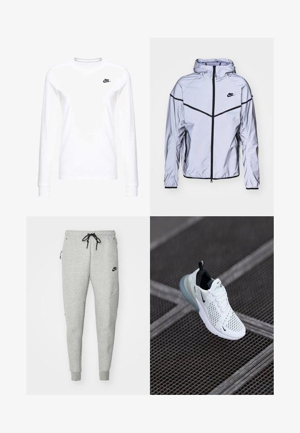Nike Sportswear Leichte Jacke - reflect silver; Weißes Langarm-T-Shirt aus Baumwolle mit kleinem schwarzem Nike-Logo auf der linken Brust und rundem Halsausschnitt. Glatte Textur.; Graue Sweatpants mit glatter Textur, elastischem Bund, verstellbarem schwarzem Kordelzug, zwei seitlichen Taschen und einem kleinen schwarzen Logo.; Weißer Sportschuh mit perforiertem Mesh-Obermaterial, schwarzen Akzenten, sichtbaren Schnürsenkeln und einer durchsichtigen Luftpolstersohle.