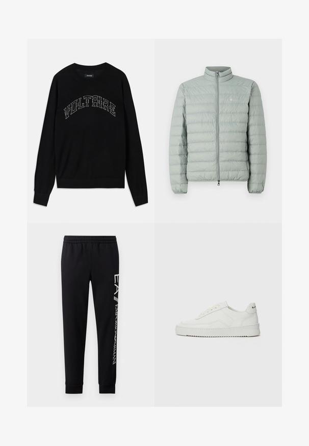Lys grøn puffervest med høj krave, lynlås lukning og vandret quiltet mønster. Har et lille logo på brystet.; Sort sweater med rund hals og lange ærmer. "VOLTAIRE" i kontrasterende syning hen over brystet. Blød tekstur og tætsiddende design.; Sorte sweatpants lavet af en bomuldsblanding, med elastisk talje, smalle ben, ribbede manchetter og hvidt logo print langs siden.; Hvide lædersneakers med en glat overflade, rund tå, flade snørebånd og en tekstureret sål. Har et diskret logo på hælen.