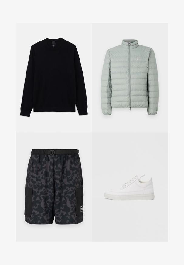 Lichtgroene pufferjas met een hoge kraag, ritssluiting en horizontaal gestikt patroon. Heeft een klein logo op de borst.; Zwarte lange mouwen crewneck trui met geribbelde manchetten en zoom, Armani Exchange-label zichtbaar aan de binnenkant van de kraag.; Zwarte shorts met een donker camouflagepatroon, een elastische tailleband, zijzakken en een riem met een gesp. Gemaakt van lichtgewicht, comfortabele materialen.; Witte leren sneaker met een afgeronde neus, platte zool en veters aan de voorkant. Voorzien van stikseldetails en een gevoerde kraag voor comfort.