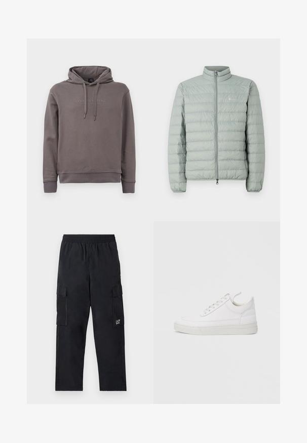 Lys grøn puffervest med høj krave, lynlås lukning og vandret quiltet mønster. Har et lille logo på brystet.; Grå hoodie med en front kangaroo lomme, justerbare snore og broderet logo tekst. Lavet af blødt bomuldsblandingsstof.; Sorte cargo bukser med elastisk talje, sidelommer og et lille logo på venstre ben. Fremstillet af let, glat stof.; Hvid lædersneaker med rundet tå, flad sål og snørebånd foran. Har syningsdetaljer og polstret krave for komfort.