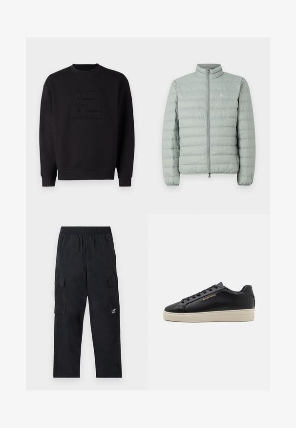 Helle grüne Pufferjacke mit hohem Kragen, Reißverschluss und horizontalem Steppmuster. Verfügt über ein kleines Logo auf der Brust.; Schwarzes Sweatshirt mit Rundhalsausschnitt, mit einem geprägten Armani Exchange-Logo in der Mitte. Hergestellt aus weichem Stoff mit lockerer Passform.; Schwarze Cargo-Hosen mit einem elastischen Bund, Seitentaschen und einem kleinen Logo am linken Bein. Hergestellt aus leichtem, glattem Stoff.; Schwarze Leder-Sneaker mit glatter Oberfläche, kontrastierender cremefarbener Sohle, abgerundeter Spitze, goldfarbenem Logo an der Seite und sechs Ösen für die Schnürsenkel.