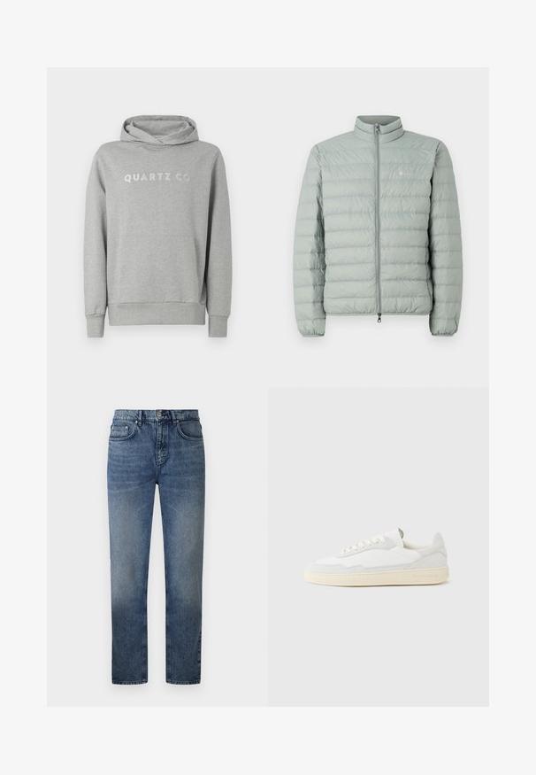 Lichtgroene pufferjas met een hoge kraag, ritssluiting en horizontaal gestikt patroon. Heeft een klein logo op de borst.; Grijze pullover hoodie van zachte stof, met een capuchon met trekkoord en een voorzak, met "QUARTZ CO" subtiel gedrukt op de borst.; Blauwe denim jeans met een rechte pasvorm, vijf zakken, een metaalknopsluiting en lichte vervaging op de dijen. Klassieke stikdetaillering overal.; Witte sneaker met een bovenwerk van gestructureerd suède en leer. Voorzien van een afgeronde neus, vetersluiting en een contrasterende beige rubberen zool.