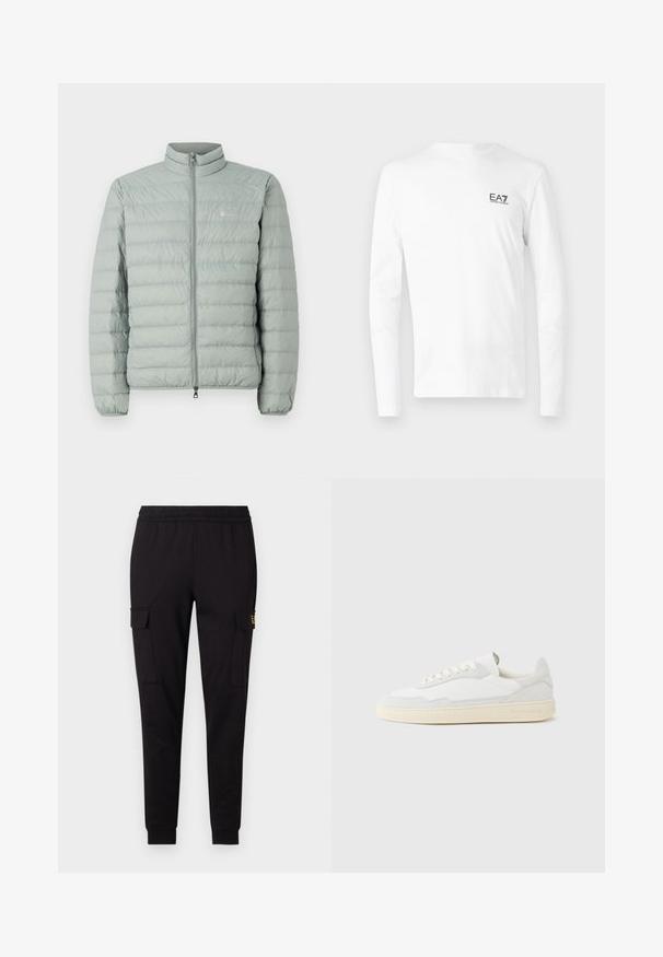 Doudoune vert clair avec un col montant, fermeture zippée et motif matelassé horizontal. Présente un petit logo sur la poitrine.; T-shirt blanc à manches longues en coton, comportant un petit logo EA7 noir sur le côté gauche de la poitrine. Design simple avec un col rond.; Pantalons de jogging noirs en tissu doux, présentant une coupe fuselée et deux poches cargo latérales avec un logo discret sur une poche.; Baskets blanches avec dessus en daim et cuir texturé. Caractérisées par un bout arrondi, une fermeture à lacets et une semelle en caoutchouc beige contrastante.