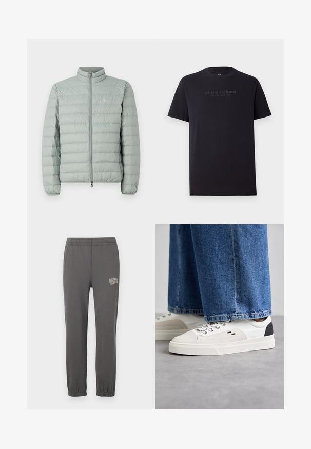 Lichtgroene pufferjas met een hoge kraag, ritssluiting en horizontaal gestikt patroon. Heeft een klein logo op de borst.; Zwarte katoenen t-shirt met korte mouwen, ronde hals en een iets relaxte pasvorm. Voorzien van "ARMANI EXCHANGE MILANO / NEW YORK" in donkergrijze tekst.; Grijze sweatpants met een elastische tailleband, taps toelopende boorden en een klein wit logo met de tekst "Billionaire Boy Club" op de linker dij.; Witte en zwarte sneakers met een glad leren bovenwerk, textuuraccenten en een chunky witte zool. Heeft een klassiek vetersluiting ontwerp.
