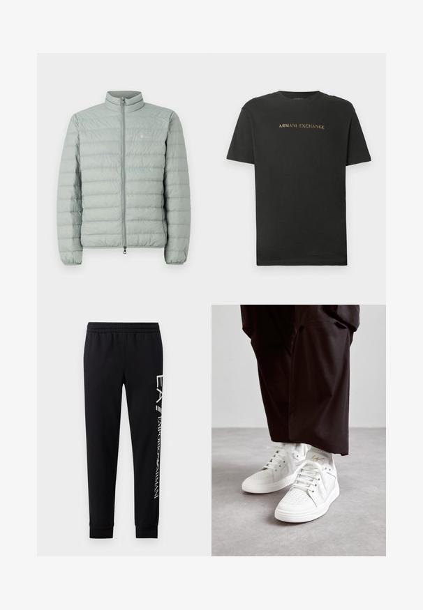 Lichtgroene pufferjas met een hoge kraag, ritssluiting en horizontaal gestikt patroon. Heeft een klein logo op de borst.; Zwarte korte mouwen t-shirt met ronde hals, met "ARMANI EXCHANGE" in gouden letters op de borst gedrukt.; Zwarte sweatpants van een katoenmix, met een elastische tailleband, taps toelopende benen, ribgebreide boorden en een wit logo-opdruk langs de zijkant.; Witte hoge sneakers van soepel leer hebben een geperforeerde neus, platte witte veters en een subtiele gouden accenten op de hak.