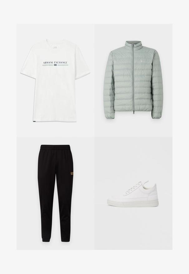 Helle grüne Pufferjacke mit hohem Kragen, Reißverschluss und horizontalem Steppmuster. Verfügt über ein kleines Logo auf der Brust.; Weißes Baumwoll-T-Shirt mit kurzen Ärmeln, das ein blaues und grünes "ARMANI EXCHANGE"-Logo zeigt, mit "1991" zentriert darunter.; Schwarze Jogginghose mit einem elastischen Bund, taillierten Bündchen und einem kleinen gelben Logo am oberen linken Bein. Weicher, glatter Stoff.; Weißer Ledersneaker mit abgerundetem Zehenbereich, flacher Sohle und Schnürverschluss. Verfügt über Nahtdetails und einen gepolsterten Kragen für zusätzlichen Komfort.