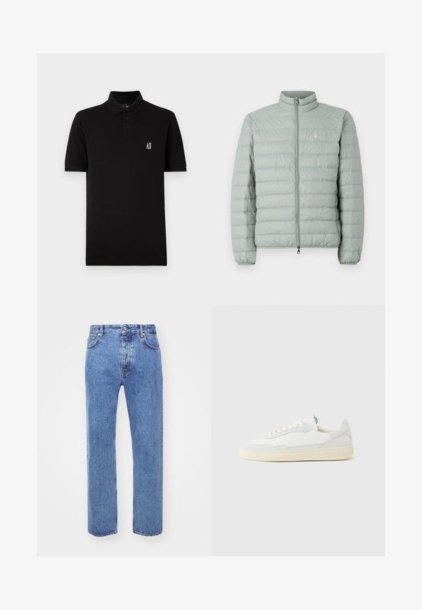 Lichtgroene pufferjas met een hoge kraag, ritssluiting en horizontaal gestikt patroon. Heeft een klein logo op de borst.; Zwarte poloshirt van zacht materiaal, voorzien van een knoopsluiting kraag, korte mouwen en een klein wit logo op de linkerborst.; Won Hundred STEVE - Relaxed fit jeans - cut blue; Witte sneaker met een bovenwerk van gestructureerd suède en leer. Voorzien van een afgeronde neus, vetersluiting en een contrasterende beige rubberen zool.