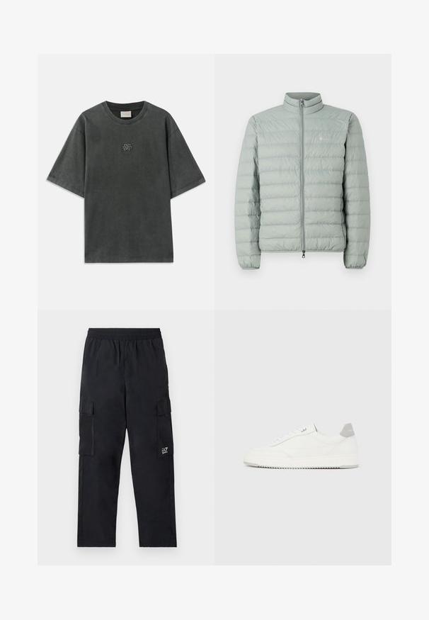 Lys grøn puffervest med høj krave, lynlås lukning og vandret quiltet mønster. Har et lille logo på brystet.; Mørkegrå oversized T-shirt med korte ærmer, rund halsudskæring og lille broderet knudedesign centreret på brystet.; Sorte cargo bukser med elastisk talje, sidelommer og et lille logo på venstre ben. Fremstillet af let, glat stof.; Hvid lavtop-sneaker med gråt hælflig, hvide snørebånd og tekstureret sål, vist på en ensfarvet lys baggrund.