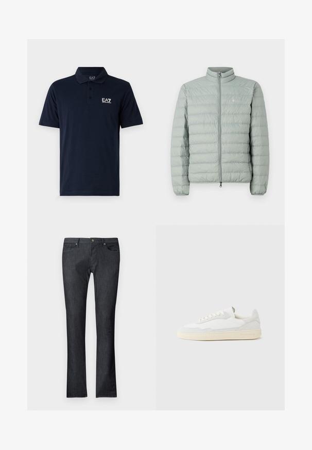 Doudoune vert clair avec un col montant, fermeture zippée et motif matelassé horizontal. Présente un petit logo sur la poitrine.; Polo shirt bleu marine en coton, avec un col, des manches courtes et un logo EA7 blanc sur la poitrine gauche. Design à coupe classique.; Jean en denim foncé avec une coupe droite, doté de poches avant et arrière, une fermeture à bouton métallique, et des détails de couture subtils.; Baskets blanches avec dessus en daim et cuir texturé. Caractérisées par un bout arrondi, une fermeture à lacets et une semelle en caoutchouc beige contrastante.