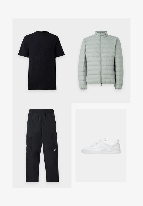 Lys grøn puffervest med høj krave, lynlås lukning og vandret quiltet mønster. Har et lille logo på brystet.; Sort kortærmet T-shirt med tekstureret, bølget mønster og rund halsudskæring. Lavet af blødt stof, har en afslappet pasform og ingen synlig branding.; Sorte cargo bukser med elastisk talje, sidelommer og et lille logo på venstre ben. Fremstillet af let, glat stof.; Hvid lavt sneaker med snørelukning, glat læderoverdel og tyk sål, vist fra siden på en ensfarvet baggrund.