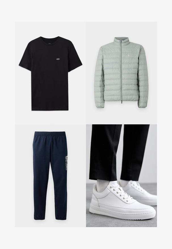 Doudoune vert clair avec un col montant, fermeture zippée et motif matelassé horizontal. Présente un petit logo sur la poitrine.; T-shirt en coton noir à manches courtes, col ras du cou, avec un petit logo blanc "A|X" sur la zone de la poitrine gauche. Texture lisse.; Pantalons de survêtement bleu marine avec une taille élastique, des jambes fuselées et un logo blanc sur le côté. Tissu lisse avec une texture légère.; Baskets blanches en cuir avec une semelle en caoutchouc plat, présentant une finition lisse, un bout rond et des œillets en métal pour les lacets. Portées avec un pantalon noir.