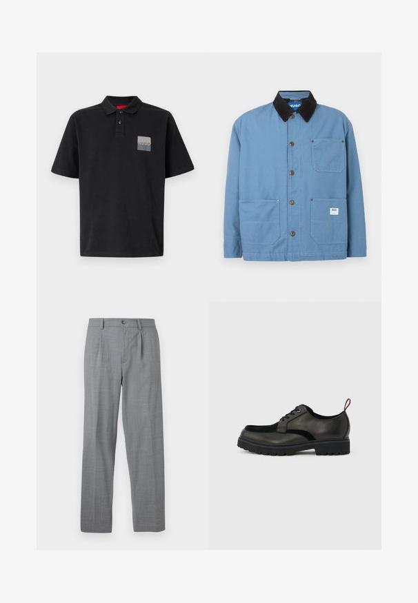 Blå lærredsjakke med sort kordfløjlskrage, brystlomme, to forlommer og brune knaplukninger. Indeholder et mærke i inderlommen.; Sort polo shirt lavet af bomuld med en krave med to knapper, korte ærmer og en grå rektangulær logopatch på venstre bryst.; Grå bukser med struktureret stof, lige ben design og en enkelt frontknaplukning med plisserede detaljer.; Sort læder snøresko med tyk slidbanesål og rød hælestropp, vist i sideprofil på en lysegrå baggrund.