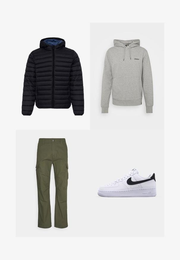 Čierna prešívaná bunda s kapucňou, predným zipsom a modrou vnútornou podšívkou, navrhnutá do chladného počasia.; Dickies LORETTO HOODIE - Mikina - grey melange; Cargo nohavice v tmavo olivovej farbe, s viacerými bočnými vreckami, rovný strih a odolná tkanina s textúrovaným povrchom.; Biele kožené tenisky s textúrovaným čiernym Swooshom, plochými šnúrkami a gumovou podrážkou s ryhovaným vzorom. Na päte je embosovaný nápis "AIR".