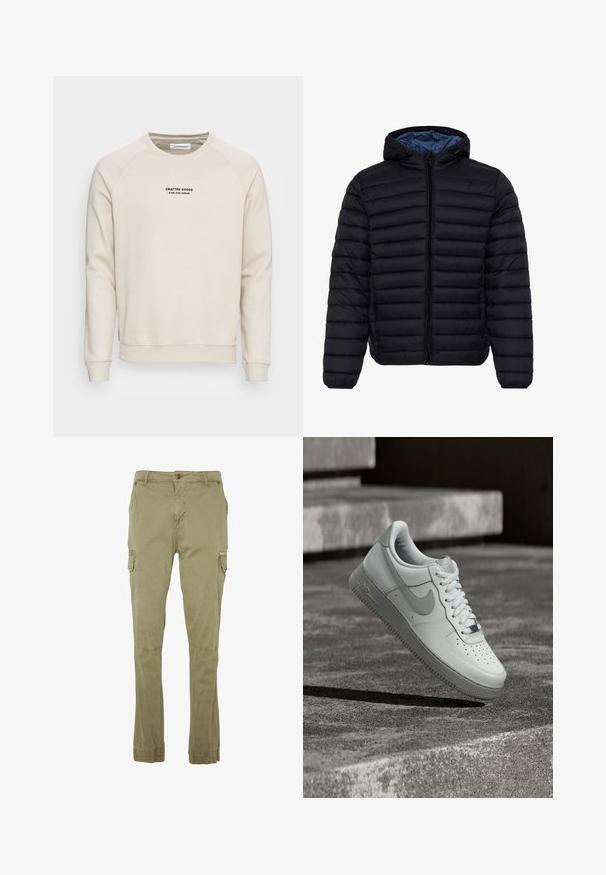 Zwarte doorgestikte gewatteerde jas met capuchon, ritssluiting aan de voorkant en blauwe voering, ontworpen voor koud weer.; Crème-kleurige sweatshirt met raglanmouwen, ribgebreide manchetten en zoom. Bevat een zwart tekstlogo aan de voorkant. Zacht, geweven stof.; Cargo broeken in kaki, gemaakt van een katoenmix. Voorzien van meerdere zijzakken, een knoopsluiting en elastische boorden bij de enkels.; Witte Nike Air Force 1 sneaker zwevend boven een geribbelde betonnen ondergrond met stenen traptreden op de achtergrond.