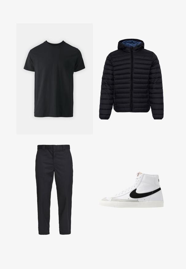 Doudoune noire matelassée à capuche avec fermeture éclair devant et doublure intérieure bleue, conçue pour le froid.; T-shirt noir en coton à manches courtes avec un col rond et une coupe décontractée. Texture lisse et ourlet droit, sans graphismes ni motifs visibles.; Chinos noirs en coton léger, avec une coupe droite, des poches latérales et une fermeture à bouton à la taille.; Baskets montantes blanches avec un swoosh noir, un capuchon de pied texturé gris et une semelle plate blanche. Elles possèdent six œillets et des accents cousus.