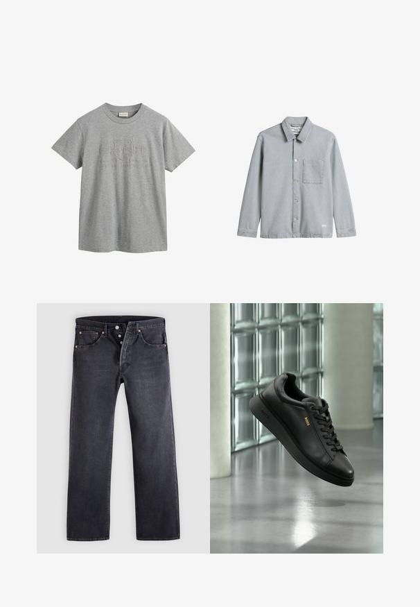 Chemise en jean grise avec fermeture à boutons sur le devant, col pointu et une poche poitrine simple. Caractérisée par des manches longues et une coupe décontractée.; T-shirt en coton gris à manches courtes, avec un col arrondi, présentant un design de logo en relief incluant "GANT" et "American Sportswear."; Jean en denim noir avec une coupe droite, design à cinq poches, et boutons en cuivre. Texture lisse avec une légère finition délavée.; Baskets basses en cuir noir avec lacets, logo "BOSS" doré sur le côté, présentées en suspension à l'intérieur devant un mur de briques de verre et un fond en béton.