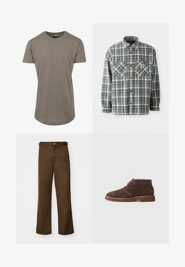 Camisa de franela abotonada en cuadros azules, verdes y crema. Presenta dos bolsillos en el pecho, cuello redondeado y botones oscuros. Material de algodón.; Camiseta verde oliva fabricada en algodón suave, con un escote redondeado y mangas cortas, y un dobladillo curvado más largo para un ajuste relajado.; Pantalones marrones de pierna recta, hechos de una tela suave con una textura lisa, que cuentan con un cierre frontal de botón y la clásica presilla para cinturón.; Botín de ante marrón hasta el tobillo con diseño de tres cordones y suela de goma gruesa sobre un fondo gris claro liso, vista lateral.