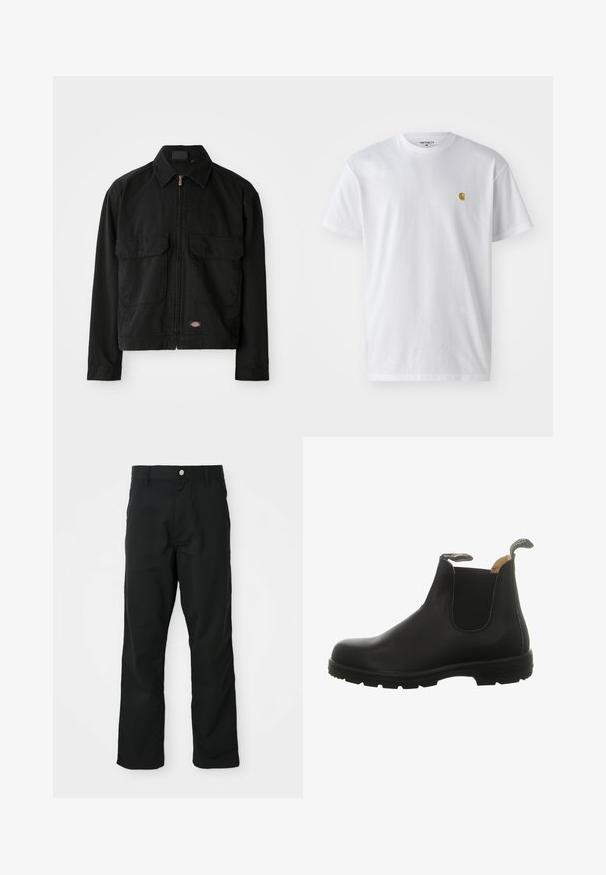 Veste en coton noir avec fermeture éclair, col classique, deux poches plaquées à l'avant et patch logo en bas. Texture lisse, design décontracté.; T-shirt en coton blanc à manches courtes, col rond, avec un petit logo doré sur la poitrine gauche. Texture douce et coupe régulière.; Pantalons noirs à jambes droites avec fermeture à bouton et à zip, passants de ceinture et poches latérales, présentés sur fond blanc.; Botte Chelsea en cuir noir avec panneaux élastiques sur les côtés, un bout arrondi et une semelle en caoutchouc robuste avec une languette au talon pour un enfilage facile.